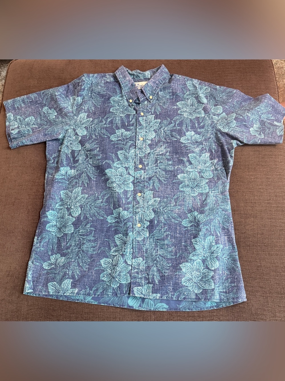 reyn spooner Blue Button-Up Shirt with Floral Leaf Print XXL
